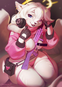 5_fingers areola blue_eyes breasts clothing exposed_breasts female fingers front_view fur gloves gun gun_between_breasts hair handwear holding_gun holding_object holding_ranged_weapon holding_weapon kneeling looking_at_viewer mp5 nipple_piercing nipples panties piercing ranged_weapon smile submachine_gun tail topwear underwear weapon white_body white_fur white_hair white_tail wings hackainax heartwood domestic_cat felid feline felis mammal 2025 digital_drawing_(artwork) digital_media_(artwork) hi_res