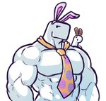 ambiguous_gender anthro duo egg fake_ears fake_rabbit_ears holidays male muscular muscular_anthro muscular_male necktie white_body dynogreeno easter dyno_(dynogreeno) largo_(dynogreeno) dinosaur prehistoric_species reptile scalie hi_res