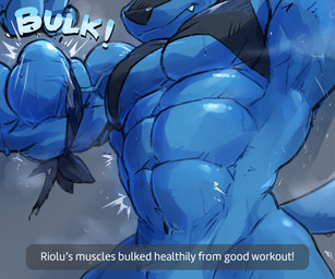 abs anthro biceps big_muscles big_pecs bodily_fluids bulge crotch_lines flexing growth male muscle_growth muscular muscular_anthro muscular_arms muscular_male musk pecs raised_arm solo sweat text text_box vein veiny_muscles waddledox nintendo pokemon pokemon_mystery_dungeon spike_chunsoft canid canine generation_4_pokemon mammal pokemon_(species) riolu 2021 6:5 absurd_res digital_media_(artwork) english_text hi_res