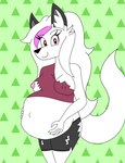anthro belly belly_expansion belly_squish big_belly big_tail breasts clothing expansion eyelashes female fur hair long_hair long_snout midriff navel nipple_slip outie_navel partial_nudity pregnant pregnant_anthro pregnant_female red_eyes smile smiling_at_viewer snout solo squish tail torn_clothing white_body white_fur seasidelemons evey_(shadow4one) canid canine canis mammal wolf hi_res