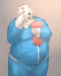 anthro belly blue_eyes bottomwear clothing fur humanoid_hands male navel overweight overweight_anthro overweight_male pants simple_background solo tired white_body white_fur maron2475 utau shirane_kan bear mammal polar_bear ursine 2018