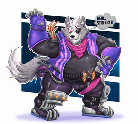 anthro belly big_belly bottomwear clothing eye_patch eyewear fur grey_body grey_fur male overweight overweight_male pants scar shirt solo standing text topwear 06betos11 nintendo star_fox wolf_o'donnell canid canine canis mammal wolf 2026 absurd_res english_text hi_res