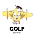 bandai_namco beak blue_eyes digimon digimon_(species) english_text female feral golden_body golf golf_ball golf_club op7804620 smile solo sparrowmon sport text wings