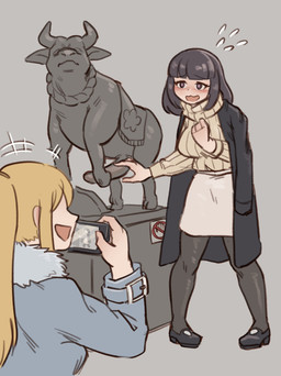 agalmatophilia black_hair blonde_hair bodily_fluids bottomwear camera clothing duo embarrassed female flying_sweatdrops footwear genitals grey_background hair holding_camera holding_object human_only jacket not_furry sculpture shoes simple_background skirt smile statue sweat sweatdrop sweater topwear c-3matome human mammal 2021 comic