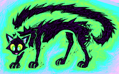 abstract_background ambiguous_gender black_body black_fur black_tail feral fur pink_nose solo tail yellow_sclera demensa domestic_cat felid feline felis mammal 16:10 2024 colorful_theme full-length_portrait hi_res portrait widescreen