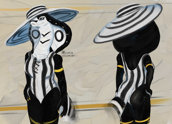 anthro biped black_body black_text blue_eyes breasts butt clothed clothing eyelashes female fingers front_view hand_on_hip hat headgear headwear medium_breasts mouth_closed non-mammal_breasts one-piece_swimsuit rear_view snake_hood solo standing swimwear tail text white_sclera leprzil laura_(leprzil) cobra reptile scalie snake 2026 english_text hi_res signature