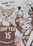 5_fingers anthro basketball_jersey basketball_uniform beak bodily_fluids breasts cheek_tuft cleavage clothed clothed_anthro clothed_female clothing curvy_figure ear_piercing ear_ring eye_through_hair eyelashes facial_tuft feathers female female_anthro fingers fur glistening glistening_eyelids glistening_hair gloves_(marking) group hair hands_on_hips holidays jersey looking_at_viewer markings mature_anthro mature_female medium_breasts medium_hair non-mammal_breasts one_eye_closed piercing raised_hand ring_piercing shirt short_hair simple_background smile sportswear sweat sweatdrop text topwear translucent translucent_hair tuft uniform conditional_dnp sonokido greater_ventura_city mother's_day ventura_city_drifters dahlia_naire jodie_fowler_(sonokido) katarina_scratch marie_hewlett avian bird canid canine canis domestic_cat domestic_dog felid feline felis mammal mouse murid murine rodent 2025 digital_drawing_(artwork) digital_media_(artwork) english_text hi_res portrait