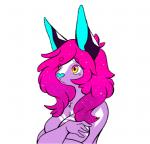 2017 blue_nose breasts canid canine covering covering_self diamond_(disambiguation) draco-canine female fluffy fox hair hybrid mammal markings neon peach_ring pink_hair purple_body purple_skin solo yellow_eyes