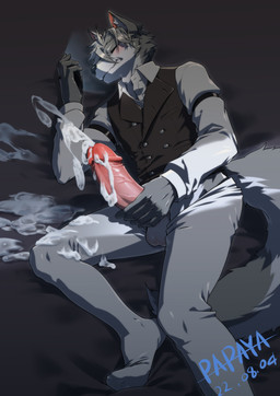 anthro big_penis black_clothing black_topwear black_vest blush bodily_fluids bottomwear clothed clothing cum cum_on_leg cum_on_own_penis cum_on_penis cum_on_self cumshot ejaculation erection eyes_closed fur genital_fluids genitals glans grey_body grey_bottomwear grey_clothing grey_fur grey_hair grey_pants hair humanoid_genitalia humanoid_penis looking_pleasured lying male masturbation on_side orgasm_face pants penile penile_masturbation penis pink_penis red_glans solo topwear vest white_body white_clothing white_fur white_topwear papayafurry canid canine canis mammal wolf 2022 dated hi_res signature