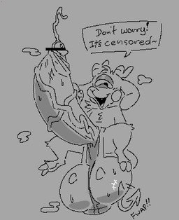 anthro balls big_balls big_penis bodily_fluids censor_bar dialogue floppy_ears genital_fluids genitals hand_on_penis huge_balls huge_penis humanoid_genitalia humanoid_penis hyper hyper_balls hyper_genitalia hyper_penis low_hanging_balls male musk penis precum precum_squirt smile smirk solo speech_bubble spread_legs spreading sweat sweaty_balls sweaty_genitalia tail tail_motion tail_slap vein veiny_penis 1mp prince_gamon_(1mp) cyclops demon