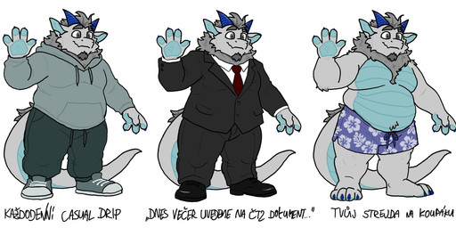 anthro belly blue_belly blue_chest blue_claws blue_horn blue_pawpads claws clothing facial_hair footwear fur goatee grey_body grey_eyes grey_fur hoodie horn male neck_tuft necktie pawpads red_necktie shoes slightly_chubby solo suit swimming_trunks swimwear text topwear tuft novarexxel mythology nova_(novarexxel) dragon mythological_creature mythological_scalie scalie czech_text hi_res model_sheet shaded simple_shading translated