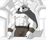 abs anthro biceps bulge cloak clothing facial_markings fur head_markings male markings muscular muscular_anthro muscular_male navel nipple_piercing nipples pecs piercing red_eyes smile solo white_body white_fur riseson dreamworks puss_in_boots_(franchise) death_(puss_in_boots) canid canine canis mammal wolf