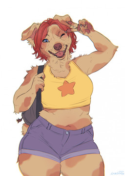 anthro arm_tuft blue_eyes bottomwear cheek_tuft clothing elbow_tuft facial_tuft female female_anthro fingerpads front_view fur gesture glistening glistening_eyes hair hand_gesture hotpants inner_ear_fluff markings neck_tuft one_eye_closed open_mouth open_smile orange_markings pawpads red_hair red_pawpads red_tongue short_hair shorts shoulder_tuft smile solo standing tan_body tan_fur tongue topwear tuft v_sign whiskers white_inner_ear_fluff yellow_clothing yellow_topwear lostgoose canid canine canis domestic_dog mammal 2024 hi_res portrait three-quarter_portrait