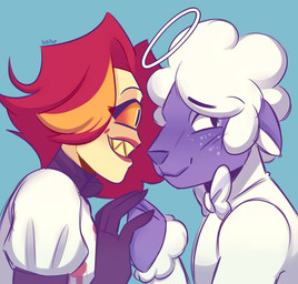 1_eye anthro blush clothed clothing duo fangs female fur hair halo interspecies male male/female open_mouth open_smile purple_body purple_eyes purple_fur red_hair simple_background smile teeth ishtrash hazbin_hotel hellaverse helluva_boss collin_(helluva_boss) niffty_(hazbin_hotel) angel bovid caprine cherub cyclops demon humanoid mammal sheep