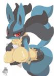 2019 absurd_res anthro big_breasts blue_body blue_fur blush breasts canid canine female fur generation_4_pokemon hi_res looking_at_viewer lucario mammal multicolored_body multicolored_fur nintendo nyaswitchnya pokemon pokemon_(species) red_eyes simple_background smile solo white_background
