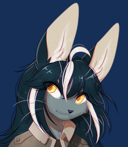anthro blue_hair clothed clothing female female_anthro front_view grey_clothing grey_jacket grey_topwear hair jacket looking_aside messy_hair mouth_closed multicolored_hair orange_pupils pupils simple_background solo topwear transparent_background two_tone_hair whiskers white_hair yellow_eyes bloominglynx lagomorph leporid mammal rabbit alpha_channel bust_portrait hi_res portrait