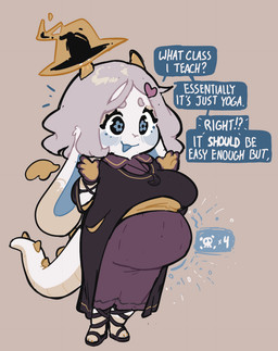 2_horns ambiguous_gender ambiguous_prey anthro anthro_pred belly big_belly big_breasts big_ears biped black_eyes blush breasts clothed clothing death digestion fatal_vore female female_pred floppy_ears flower_eyes footwear grey_hair hair hat headgear headwear horn jewelry long_hair lop_ears necklace open_mouth sandals shoes skull_and_crossbones skull_symbol small_wings solo speech_bubble tail tail_spines text vore wings witch_hat eerieviolet mythology khio_(eerieviolet) dragon mythological_creature mythological_scalie scalie english_text hi_res