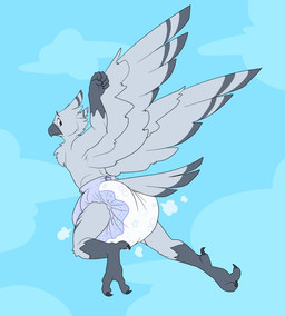 anthro beak big_diaper bottomwear butt clean_diaper clothed clothing cloud diaper embarrassed feathered_wings feathers feet flying male outside padded padding sky solo talons toes wearing_diaper wings bubblepuppers ari_(soarinskies14) avian bird owl