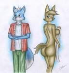 anthro black_nose blue_body blue_fur breasts butt clothed clothed_anthro clothed_male clothing duo fangs female fur hair looking_away male male/female nude nude_anthro nude_female orange_body orange_fur smile tail teeth towel white_body white_fur white_hair sinaherib dreamworks nintendo star_fox the_bad_guys ellen_wolf_foxington marcus_mccloud canid canine canis fox hybrid mammal wolf hi_res