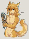 alternate_species anthro blonde_hair blue_eyes claws ear_piercing ear_ring featureless_crotch fingers fur furrification hair looking_at_viewer male piercing ring_piercing simple_background smile solo white_body white_fur yellow_body yellow_fur altern015 nintendo tears_of_the_kingdom the_legend_of_zelda link canid canine canis mammal wolf 2023 absurd_res hi_res signature