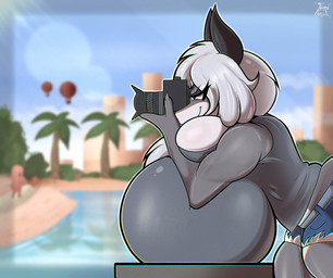 aircraft anthro balloon beach big_breasts bottomwear breast_rest breast_squish breasts camera city cityscape clothing female fur grey_body grey_fur hair holding_camera holding_object hot_air_balloon hotpants huge_breasts hyper hyper_breasts inflatable multicolored_body orange_eyes palm_tree photographer plant resort shirt shorts side_view smug_face smug_grin solo squish taking_picture tank_top topwear tree two_tone_body vehicle voluptuous_anthro voluptuous_female white_body white_fur white_hair fennyfen_1 cassandra_(fennyfen_1) canid canine canis mammal wolf 2025 hi_res