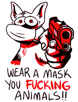 aiming_at_viewer anthro black_text dialogue eye_bags fur gun handgun holding_gun holding_object holding_ranged_weapon holding_weapon male profanity ranged_weapon red_eyes red_text scared simple_background solo text weapon white_background abbystabby covid-19_pandemic canid canine canis domestic_dog mammal aliasing digital_drawing_(artwork) digital_media_(artwork) english_text handwritten_text restricted_palette