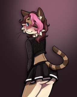 ambiguous_gender andromorph anthro black_bottomwear black_clothing black_skirt blush bottomwear clothing fur hair intersex long_hair long_tail looking_at_viewer male markings one_eye_closed pink_hair pleated_skirt presenting skirt solo sparkles sparkling_clothing striped_markings striped_tail stripes tail tail_markings wink winking_at_viewer snowlar domestic_cat felid feline felis mammal 4:5