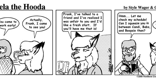 anthro book clothed clothed_female clothed_male clothing computer dialogue duo electronics eyewear female fur glasses hair male shirt text topwear style_wager dela_the_hooda dela_aldershaw frank_dunn canid canine fox hooda human mammal 2000 comic english_text monochrome