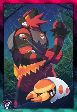 ambiguous_gender anthro arthropod_webbing bdsm bondage border bound detailed_background feral fur group looking_back muscular muscular_anthro night nude outside plant raised_tail red_body red_fur shrub size_difference sky tail teeth text tree web_bondage nikkibunn nintendo pokemon arthropod felid generation_7_pokemon grubbin incineroar insect larva mammal pokemon_(species) 2026 absurd_res digital_media_(artwork) english_text hi_res url
