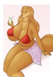 2018 anthro areola areola_slip beverage big_breasts bra breasts brown_body brown_fur canid canine canis clothed clothing domestic_dog eyelashes female fur hi_res holding_beverage holding_object hunting_dog looking_at_viewer mabel_(cherrikissu) mammal mature_female navel pose ring saluki sathra1 sighthound sitting slightly_chubby smile solo underwear