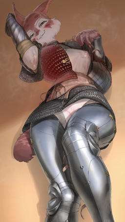 anthro areola armor breasts brigandine chainmail clothing female green_eyes looking_at_viewer opening_shirt plate_armor shirt side_boob solo topwear translucent translucent_clothing wassnonnam zeha felid feline lynx mammal 2026 9:16 absurd_res hi_res