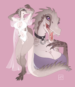 accessory anthro breasts cleavage clothed clothing collar collar_ring dress eyebrow_piercing eyebrow_ring facial_piercing female furgonomic_piercing furgonomics grey_body grey_scales jewelry looking_at_viewer non-mammal_breasts piercing pink_background pupils purple_eyes ring ring_piercing scales sharp_teeth simple_background slit_pupils standing tail tail_accessory tail_jewelry tail_piercing tail_ring_(piercing) teeth translucent translucent_clothing holivi dinosaur prehistoric_species reptile saurischian scalie spinosaurid spinosaurus theropod absurd_res hi_res