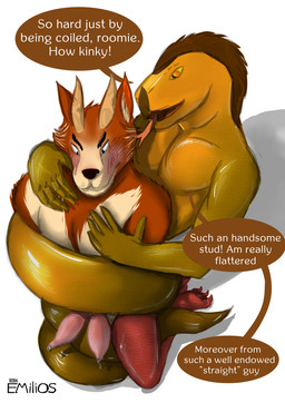 2_penises 5_fingers animal_genitalia animal_penis anthro arm_grab aroused coiling_around_body diphallism dirty_talk fingers front_view fully_restrained genitals hemipenes male male/male multi_genitalia multi_penis penis restrained teasing text emilios mythology dragon felid feline hybrid mammal mythological_creature mythological_scalie reptile scalie snake 2024 english_text