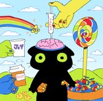 ambiguous_gender black_body black_fur brain candy clothing dessert feral flower food fur grass hat headgear headwear lollipop organs plant propeller_hat sky solo_focus star fernsnailz domestic_cat felid feline felis mammal