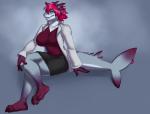 anthro breasts clothed clothing female furgonomics furry-specific_piercing hair horn looking_at_viewer nipple_outline non-mammal_breasts piercing smile solo tail tail_piercing teeth wide_hips blithedragon sasha_akula fish marine shark hi_res