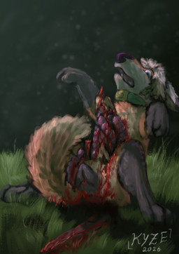 anatomically_correct anatomically_correct_genitalia anatomically_correct_vulva animal_genitalia animal_vulva black_body black_fur blood bodily_fluids bow_tie canine_genitalia canine_vulva dangerous female feral feral_penetrated fur genitals gore gore_focus grass_field guts guts_out impalement improvised_sex_toy intestines_out orange_body orange_fur organs penetration scared scarf simple_background skin_ripping solo vaginal_blood vulva el_kyze spyer_fox canid canine fox mammal hi_res