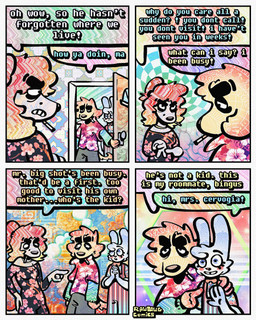 4_panel_comic aloha_shirt anthro blonde_highlights bow_tie cheek_spots cheek_tuft cigarette cigarette_in_mouth clothing dialogue dress facial_tuft female fur group hair half-closed_eyes highlights_(coloring) jewelry male markings mole_(marking) narrowed_eyes necklace object_in_mouth orange_hair overalls pattern_clothing pattern_shirt pattern_topwear shirt smile smoking_tobacco speech_bubble teeth text tooth_gap topwear trio tuft wave white_body white_fur wide_eyed yellow_body yellow_fur rawdawgcomics bingus_(rawdawgcomics) rosemary_(rawdawgcomics) stahli_(rawdawgcomics) bird_dog canid canine canis domestic_dog golden_retriever hunting_dog lagomorph leporid mammal rabbit retriever 4:5 comic english_text hi_res