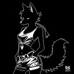 anthro bare_shoulders belt belt_buckle black_background black_body black_fur black_shading bottomwear braided_hair braided_ponytail breasts buckle clothing female fluffy fluffy_tail fur hair hands_in_both_pockets head_tuft inner_ear_fluff looking_down midriff monotone_background narrowed_eyes navel outline ponytail shirt shorts simple_background slim solo tail tied_shirt topwear tuft white_eyes white_inner_ear_fluff white_nose white_outline ezeeshady canid canine canis mammal wolf 1:1 2024 black_and_white digital_media_(artwork) monochrome pixel_(artwork) signature