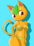 anthro bikini bikini_bottom bikini_top blue_background breasts clothed clothing female food fruit green_bikini green_clothing green_swimwear hand_on_hip hand_on_leg hand_on_thigh orange_(fruit) orange_body plant simple_background smile solo swimwear tail two-piece_swimsuit nojimmyplz animal_crossing nintendo tangy_(animal_crossing) domestic_cat elemental_creature felid feline felis flora_fauna food_creature living_fruit living_orange mammal hi_res portrait three-quarter_portrait