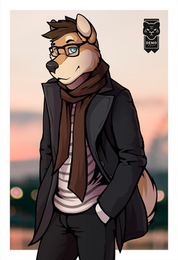 anthro black_bottomwear black_clothing black_nose black_pants blue_eyes blurred_background border bottomwear brown_hair clothed clothed_male clothing coat curled_tail eyebrows_(marking) eyewear fully_clothed fully_clothed_male fur glasses hair hand_in_pocket looking_at_viewer male pants pattern_clothing pattern_shirt pattern_topwear pockets scarf shirt short_hair smile solo striped_clothing striped_shirt striped_topwear stripes sunset tail tan_body tan_fur three-quarter_view topwear white_border d3mo canid canine canis domestic_dog mammal shiba_inu spitz 2017 dated hi_res portrait signature three-quarter_portrait