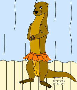 animal_genitalia balls bottomwear brown_body brown_fur clothing curtains dancewear feet feral fur genitals male on_stage otter_tail sheath skirt smile smiling_at_viewer solo stage stage_curtains standing tutu urbanhermit mammal mustelid otter 2001 colored dated