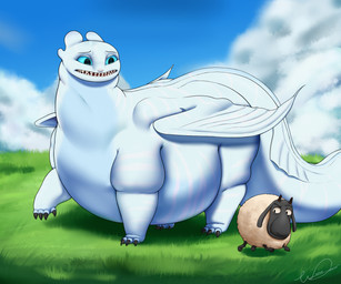 ambiguous_gender belly black_body blue_body blue_eyes claws duo embarrassed female feral fur larger_female larger_feral looking_at_another markings multicolored_body obese obese_female obese_feral overweight overweight_female overweight_feral size_difference smaller_ambiguous smaller_feral tail teeth teeth_showing thick_tail toe_claws white_body wings wool_(fur) waimix dreamworks european_mythology how_to_train_your_dragon mythology bovid caprine dragon fury_(httyd) light_fury mammal mythological_creature mythological_scalie scalie sheep western_dragon 6:5 absurd_res digital_media_(artwork) hi_res signature