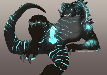 animal_genitalia animal_penis anthro balls claws erection genitals horn knot male nude penis pose reclining solo spread_legs spreading incorgnito fallout microsoft deathclaw quantum_deathclaw reptile scalie 2021
