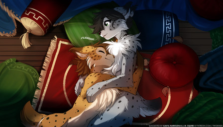 alternate_species animal_behavior anthro anthro_on_anthro arched_back arm_tuft bangs bedding between_thighs biped black_hair blanket blue_carpet blue_pillow bodily_fluids bold_text bolster_pillow breasts brown_body brown_fur brown_hair brown_spots brown_tail butt cheek_tuft chest_tuft claws closed_smile collar collar_of_keidranification collar_only comfy convenient_censorship crossed_bangs crotch_lines crying cuddling curved_tail detailed_background duo ear_tuft elbow_tuft ellipsis eyebrow_through_hair eyebrows eyes_closed facial_tuft fangs female female_anthro femboy finger_claws fingers fluffy fluffy_butt fluffy_tail fur furrification glistening glistening_eyes gold_(metal) gold_jewelry green_carpet green_eyes green_pillow grey_body grey_fur grey_tail hair hand_on_partner's_back hand_on_partner's_shoulder happy head_on_chest head_on_pillow holding_partner implied_transformation infatuation inner_ear_fluff inside intimate intraspecies intraspecies_romance iris jewelry light looking_at_another looking_at_partner looking_down looking_down_at_partner love luxury lying lying_together makeup male male/female male_anthro markings mascara mouth_closed navel nude nude_anthro nude_female nude_male on_side open_mouth open_smile pattern_pillow pillow prince pupils purring red_carpet red_pillow romantic romantic_ambiance romantic_couple romantic_night royalty short_hair shoulder_tuft side_boob side_view sleeping sleeping_nude sleeping_together slim_anthro slim_female slim_male slit_pupils smile snout soft_abs sound_effects spots spotted_arms spotted_back spotted_body spotted_butt spotted_ears spotted_fur spotted_hands spotted_legs spotted_markings spotted_tail tail tail_markings tan_body tan_fur tassels tears tears_of_joy teeth teeth_showing text touching_back translucent translucent_hair tuft undercover username v-cut ventral_groove white_inner_ear white_text conditional_dnp narikusha tom_fischbach twokinds alice_reed prince_sorrel felid feline keidran lynx mammal 2025 7:4 colored digital_drawing_(artwork) digital_media_(artwork) hi_res shaded