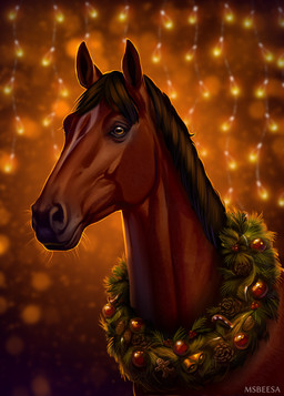 ambiguous_feral ambiguous_gender baubles bay black_body black_fur black_mane brown_body brown_fur detailed_background feral fur garland hair holidays lights mane markings quadruped short_mane solo whiskers wreath beesa christmas new_year equid mammal 2025 digital_media_(artwork) digital_painting_(artwork) hi_res painting_(artwork) portrait signature