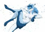 2019 anthro blue_body blue_fur blue_hair blush breasts claws dragon female fur furred_dragon green_eyes hair hi_res horn looking_at_viewer lying mythological_creature mythological_scalie mythology nipples nude on_back pinup pose scalie solo tail white_body white_fur xan_(pixiv)