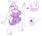 anthro big_breasts breasts claws clothed clothing duo female fur hair male non-mammal_breasts simple_background tail text shaw blueberry_kobold shaw_(catminion) domestic_cat felid feline felis kobold mammal reptile scalie absurd_res digital_media_(artwork) english_text hi_res monochrome purple_and_white