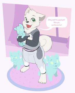 4_toes ambiguous_gender anthro big_diaper blue_body blue_fur blue_tail blush blush_lines border bottomwear character_plushie claws clean_diaper clothed clothing crossed_arms curled_tail curtains curtains_open dialogue diaper diaper_peekage diaper_under_clothing fangs feet female feral fur good_girl green_eyes grey_bottomwear grey_claws grey_clothing grey_inner_ear grey_nose grey_pants grey_shirt grey_toe_claws grey_topwear group holding_object holding_plushie huge_diaper hypnosis inside mind_control narrowed_eyes open_mouth open_smile pants pink_border pink_diaper plushie purple_curtains shirt smile speech_bubble spiral spiral_eyes standing tail teeth text three-quarter_view toe_claws toes tongue tongue_out topwear wearing_diaper white_body white_fur white_tail window bubblepuppers bluey_(series) bitsy_(vincent-silverpaw) ditsy_(vincent-silverpaw) itsy_(vincent-silverpaw) mommadog_(vincent-silverpaw) trixie_heeler canid canine canis domestic_dog familiar mammal nordic_sled_dog samoyed spitz english_text full-length_portrait hi_res portrait
