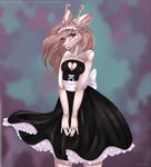 abstract_background alternative_fashion anthro black_clothing black_dress bottomwear bow_ribbon breasts brown_hair cleavage cleavage_cutout clothed clothing clothing_lift cutout dress ero_lolita female frilly frilly_clothing goth gothic_lolita hair heart_symbol horn inner_ear_fluff j-fashion kuro_lolita laces lolita_(fashion) long_ears long_hair looking_at_viewer maid_headdress maid_uniform pink_body pink_eyes shy skirt skirt_lift solo strapless_clothing strapless_dress tuft uniform nikolkaart lettie_(vixym) deer mammal absurd_res hi_res