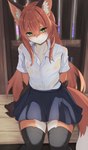 ahoge anthro asian_clothing blush bodily_fluids bottomwear brown_body brown_fur brown_hair brown_nose clothed clothing collared_shirt crossdressing dipstick_tail east_asian_clothing femboy footwear fur gloves_(marking) green_eyes hair japanese_clothing japanese_school_uniform kemono legwear long_hair looking_at_viewer male male_anthro markings nipples school_uniform shirt sitting skirt socks solo sweat sweatdrop tail tail_markings tan_body tan_fur thigh_highs topwear translucent translucent_clothing tuft uniform wet wet_clothing wet_shirt wet_topwear white_body white_fur an_chobi94 remu-kun canid canine fox mammal 2023 digital_media_(artwork) hi_res